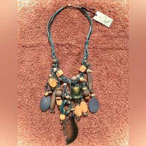 City Gypsies Teal Blue Cream Wooden Beaded Necklace